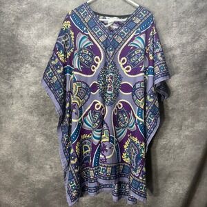 VTG Winlar Short Kaftan Dress Cover Up One Size Satin Purple Blue Yellow Paisley